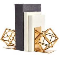 Decorative Gold Bookends with Square Metal Geometric Design, 5x6x3 in