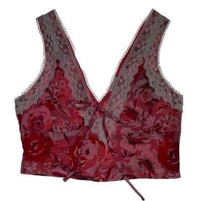 Le Lis Collection Small Floral Lace Trim Pink Red Sleeveless Crop Top Lined Gift