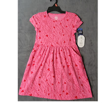 Wonder Nation Girls A-Line Dress Pink Red Heart Print M 8 Cap Sleeve Polyester