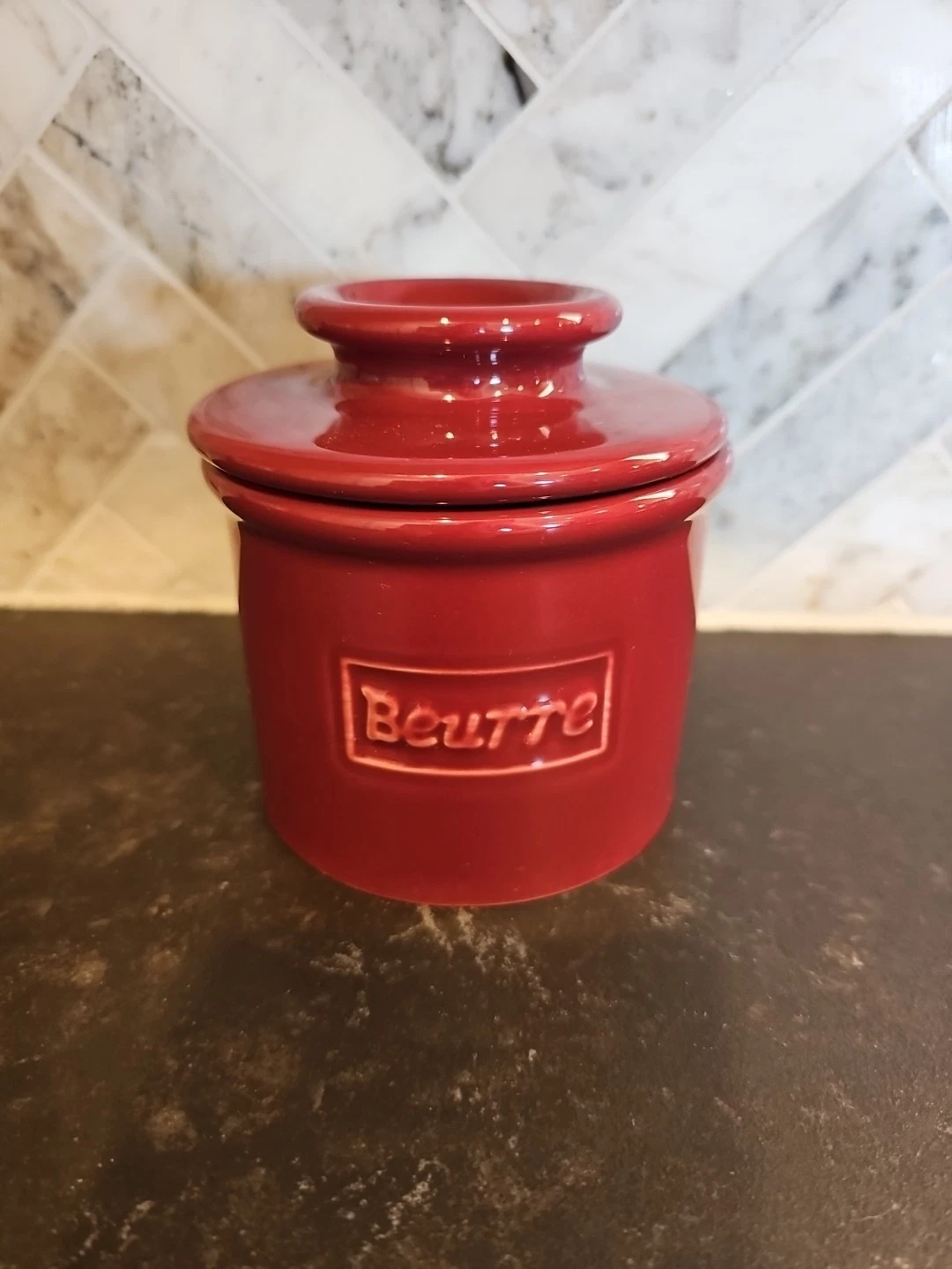 L. Tremain Beurre French Ceramic Butter Bell Crock Burgundy Red