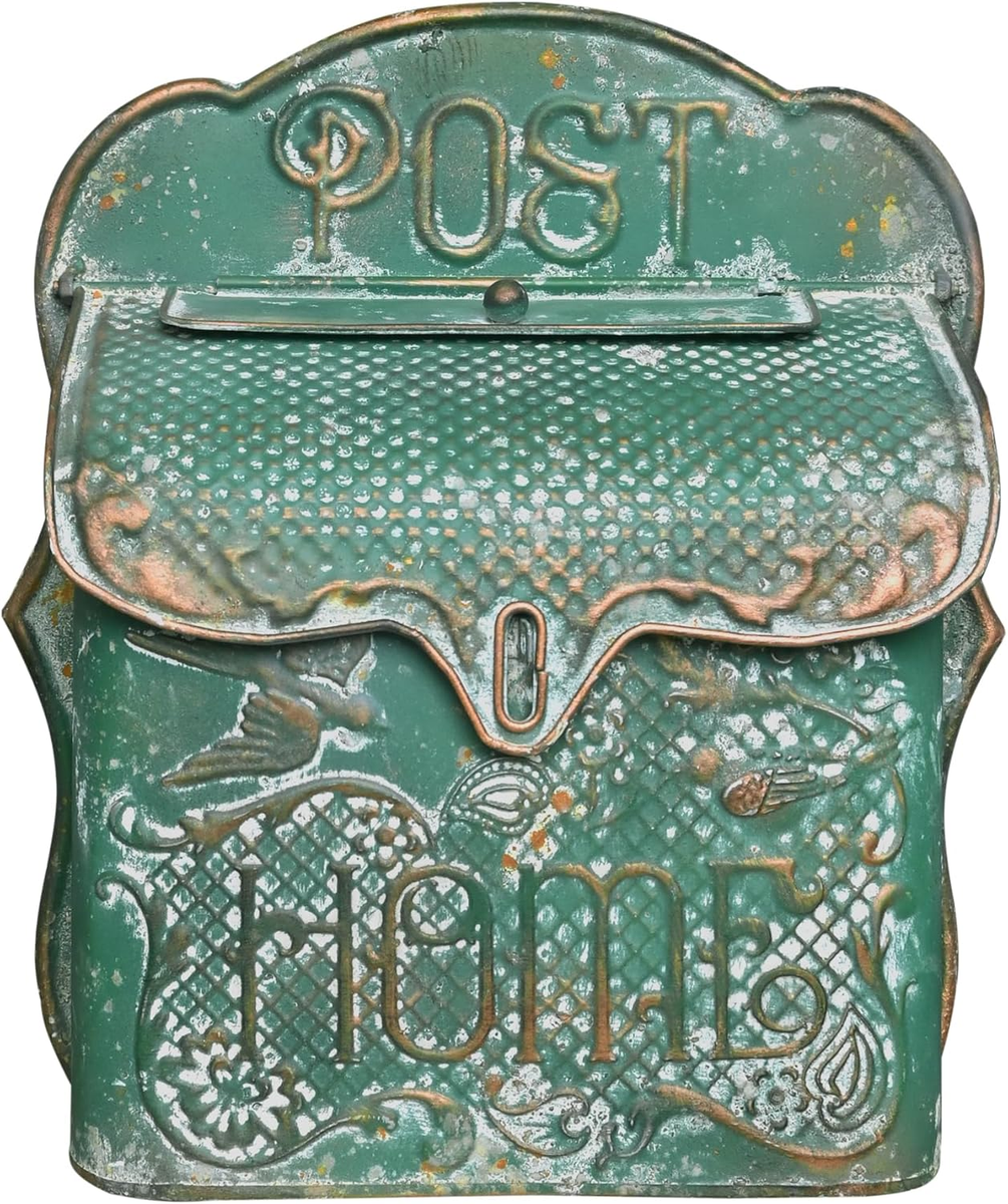 Vintage Wall Mount Mailbox, Rustic Metal Bee Pattern Decorative Post Box For Outside Porch Garden Farmhouse, White Antique Style With Lockable Latch