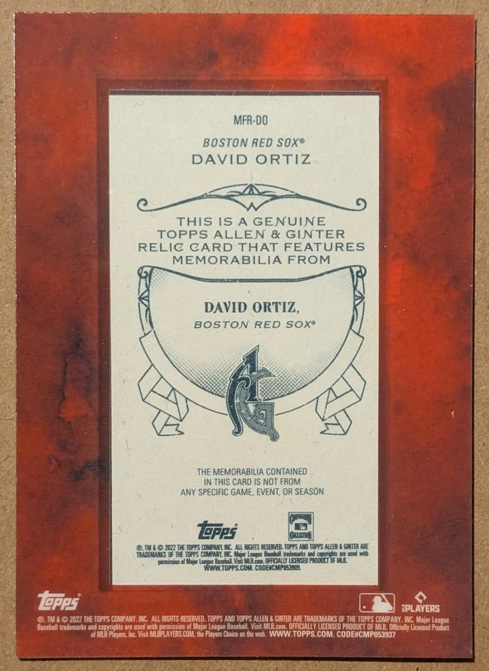David Ortiz 2022 Topps Allen & Ginter Mini Framed Relics #MFR-DO Boston Red Sox - Image 2 of 2