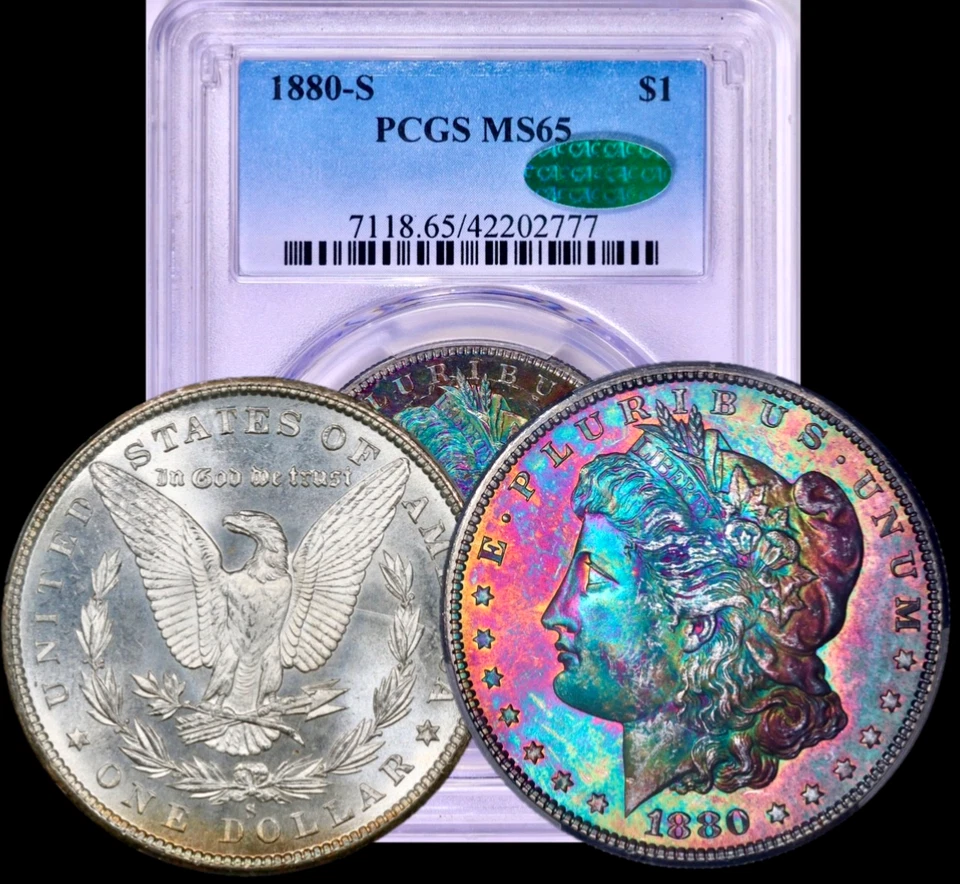 1880-S Morgan Silver Dollar PCGS MS65 CAC Gem Full Monster Rainbow Toned