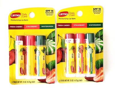 2 Packs Carmex Daily Care Moisturizing Lip Balm CHERRY, STRAWBERRY & WINTERGREEN