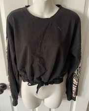Puma Womens French Terry Crew Neck Sweatshirt Black W/ Tropical Print On Sleeve