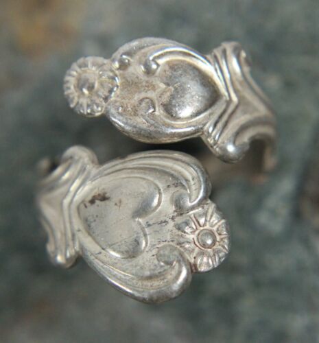 Vtg Avon Adjustable Bypass Spoon Ring Size 6.5 Sterling Silver Hearts & Flowers - Picture 3 of 10