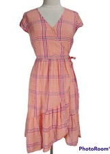 OLD NAVY Womens Faux Wrap Ruffle Midi Dress Size S Pink Plaid V-Neck Sleeveless