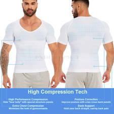 Mens Compression Slimming Body Shaper Tight Stomach Abs Abdomen V-Neck T-Shirt