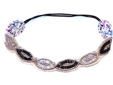 SILVER IRIDESCENT GREY BUGLE BEAD OVAL RHINESTONE HAT BAND HEADBAND STRETCH TAN