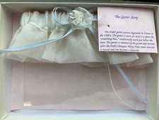NIB SIMPLY CHARMING ECRU BLUE RIBBON ORGANZA SATIN GARTER WEDDING PROM