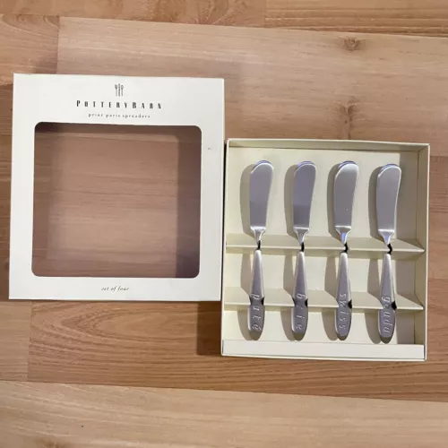 Pottery Barn Gouda Swiss Brie Pate Engraved Cheese Spreaders Set of 4 New VTG