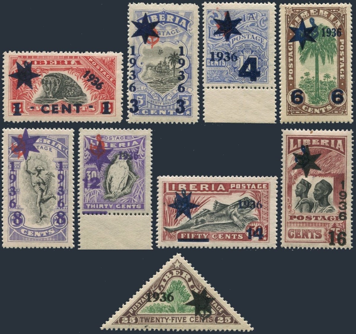 アメリカ ヴィンテージ エンボッサー スタンプ 08266 Liberia 259-266,270,MNH. Official stamps overprinted,1936