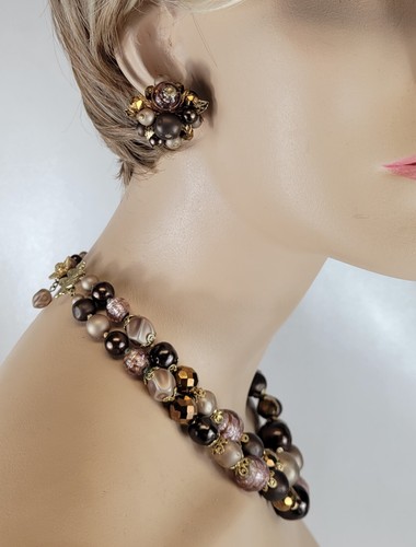 Vtg Vendome 2 Strand Faux Pearl Mauve Purple Glass Necklace Earrings Set Signed - Picture 9 of 24