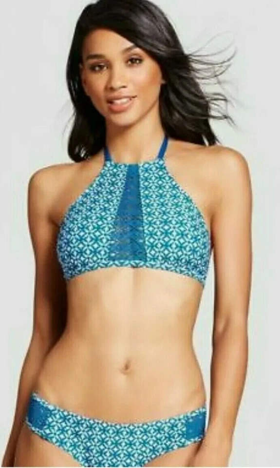 MOSSIMO хипстер бикини плавать низ M дымчатый бирюзовый белый отверстия кружева купальный костюм - Изображение 3 из 4