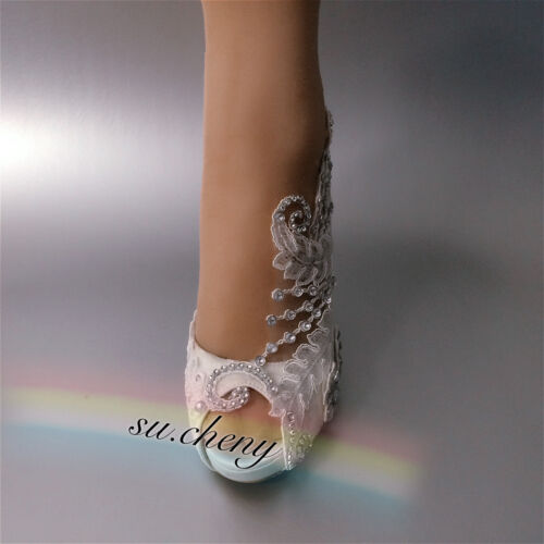 Su.cheny 3"" 4"" Tacón Satén Blanco Marfil Encaje Cristal Puntera Abierta Boda Zapatos de Novia - Imagen 4 de 14