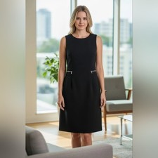 Ann Taylor Black Sleeveless Sheath Virgin Wool Dress W/Zip-Accent Pockets Sz 12T