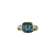 David Yurman Sterling Silver 14K Yellow Gold Blue Topaz Noblesse Ring#22939