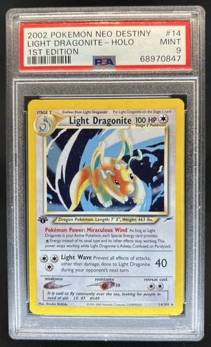 2002 Pokemon Neo Destiny 1st Edition Light Dragonite Holo #14/105 PSA 9