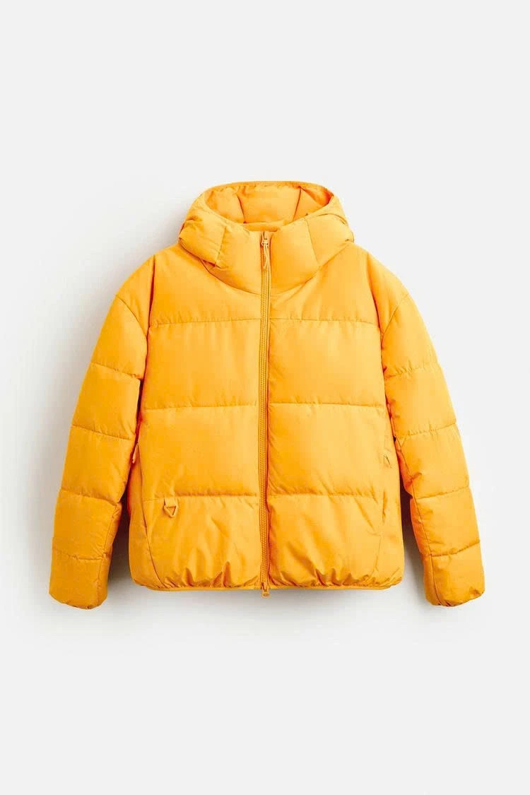 Zara Yellow Puffer jacket hooded zip water repellent Mens size L Large 6985/322 image 4