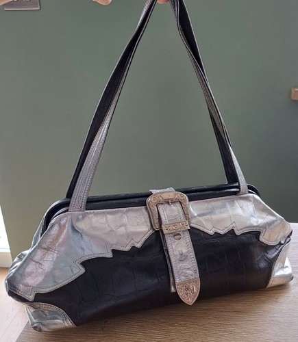 VINTAGE Look BLACK & SILVER Dr's LEATHER Shoulder GLADSTONE BAG Country Handbag