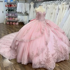 Pink Ball Gown Quinceanera Dresses Lace Beading Crystal Bow Corset Sweet 16