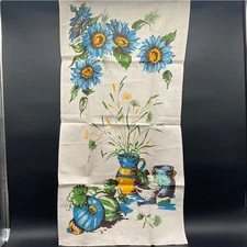 Retro Table Runner Blue Sunflowers Print 30"x17" Rustic Floral Decor Linen Blend