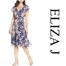 Eliza J Floral Print V-Neck Clip Ruffle Sleeve Dot Dress Size 8