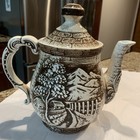 Vintage Porcelain Watermill Old Timer Teapot Brown White Glazed Made In Japan