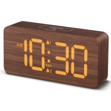 Wooden Digital Alarm Clocks for Bedrooms: Dimmable Dual Alarm Clock with Larg...