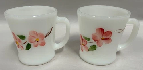 "2" Vtg Anchor Hocking  FIRE KING Peach Blossom Flowers Milk Glass Mugs (A5)