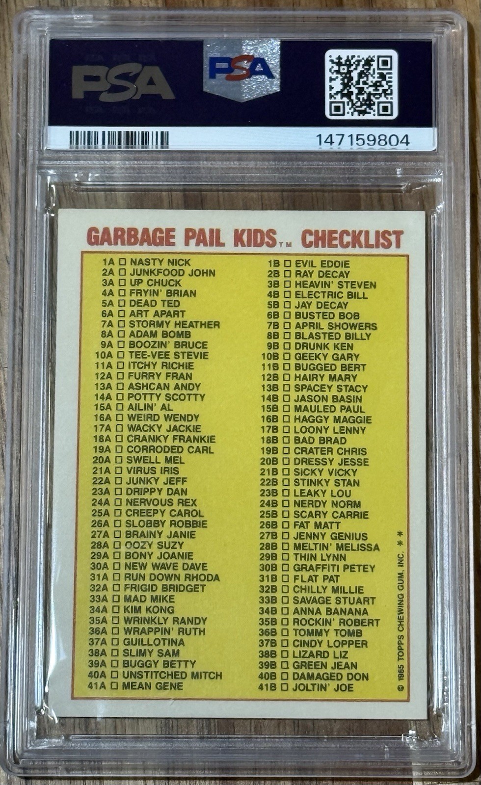 1985 Garbage Pail Kids Adam Bomb #8A Checklist PSA 5 Series 1 OS1 GPK view 2