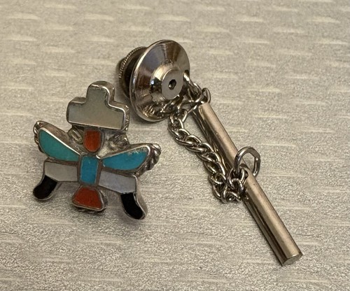 Vintage Zuni Inlay Knifewing Kachina Man Tie Tack Signed ELR Sterling Silver Top - 第 1/6 張圖片