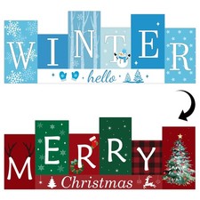 Merry Christmas Decoration Tree Snowman Snowflakes Winter Wooden Reversible Sign