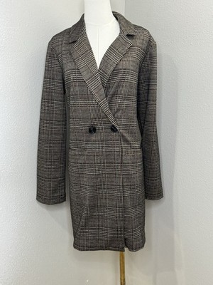 Sanctuary Oversized Plaid Longline Blazer Jacket Size S Brown Double Breasted