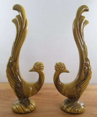 Pair Of Vintage Ceramic Rooster Birds Figurines Yellow / Gold 12 