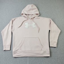 Under Armour ColdGear Hoodie Womens Large Loose Pink Chenille Logo Pullover