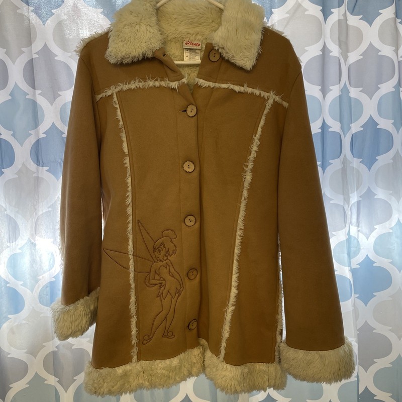 Vintage Disney Sherpa Lined Tinkerbell Coat Womens Medium Faux Suede 90s Y2K