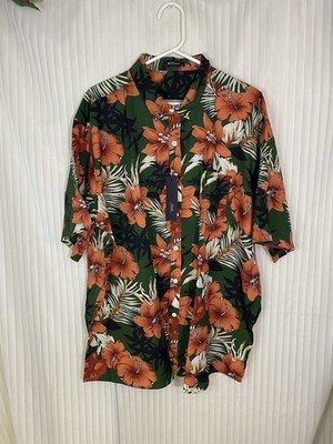 MCEDAR Hawaiian Floral Button Front Shirt Mens 3XL Green Orange Tropical NWT