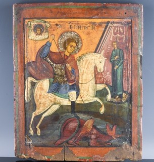 19thC RUSSIAN RELIGIOUS ICON SAINT GEORGE SLAYING DRAGON PAINTING ON WOOD PANEL