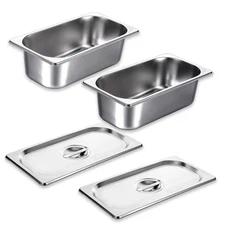 2 Pack 1/3 Size Hotel Pans with Lids, 3-5/8" Depth, 22 Gauge Steam Table Pan,...