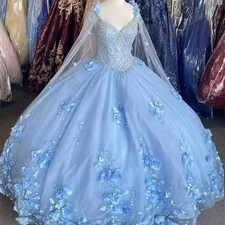 Light Blue Quinceanera Dresses Shiny Lace 3D Flower with Cape Ball Gown Sweet 16
