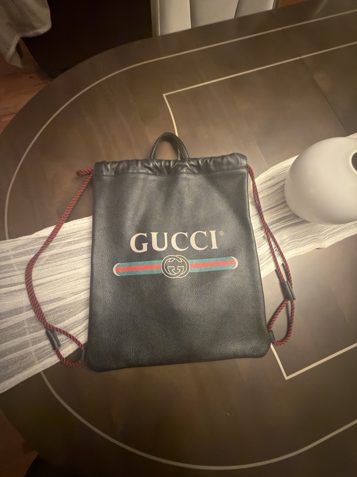 Authentic Gucci Leather Drawstring Backpack Black… - image 10