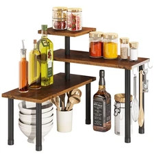 Kitchen Corner Shelf Countertop Organizer with Hooks Adjustable Spice Rack Co...