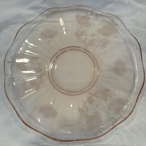 Vintage Pink Depression Glass Round Platter With Etched Flowers And Ruffled Edge