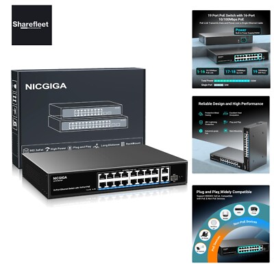 16 Port PoE Switch Unmanaged, 16-Port PoE+@250W, 2 Gigabit Uplink Ports, 1 SF...