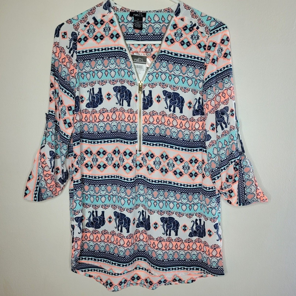 Rue 21 Blouse Women's Small Elephant Print Gold Zip Front Boho