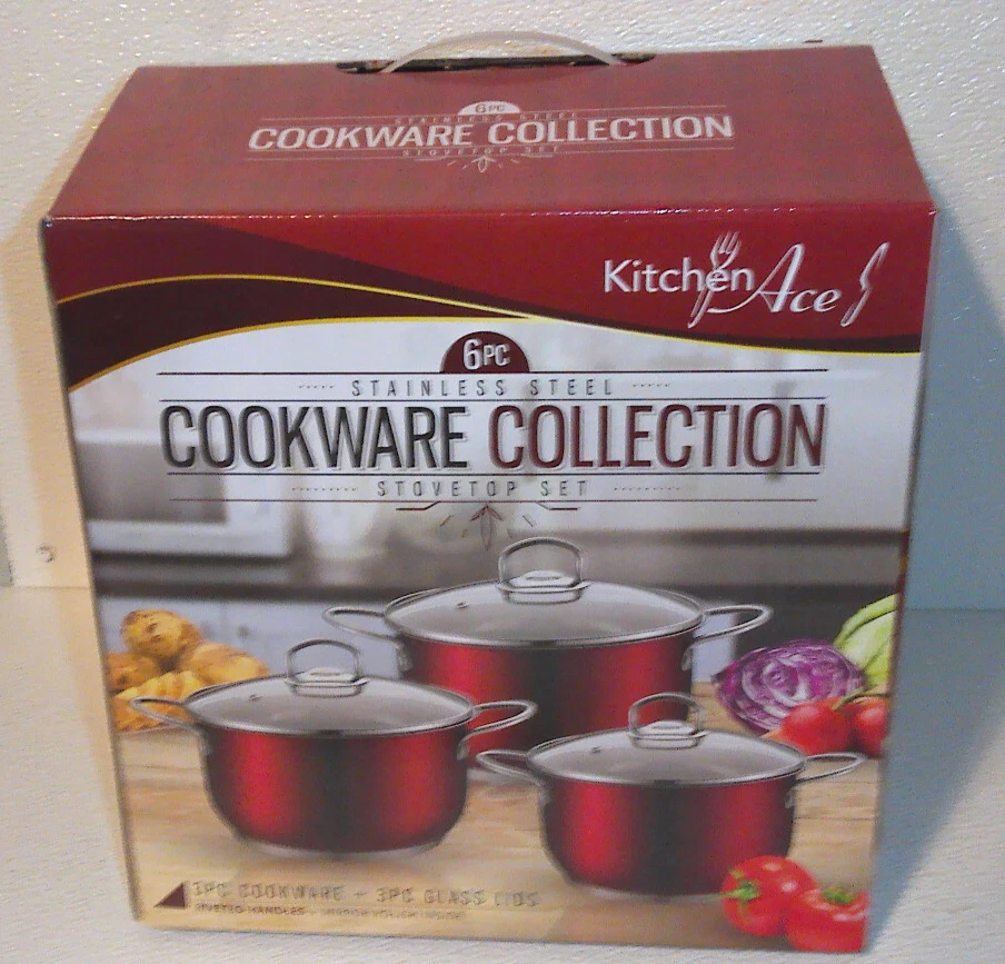 Red Cookware Set Stainless Steel Stovetop 6 PC Pots Glass Lids Kitchen Aces NEW