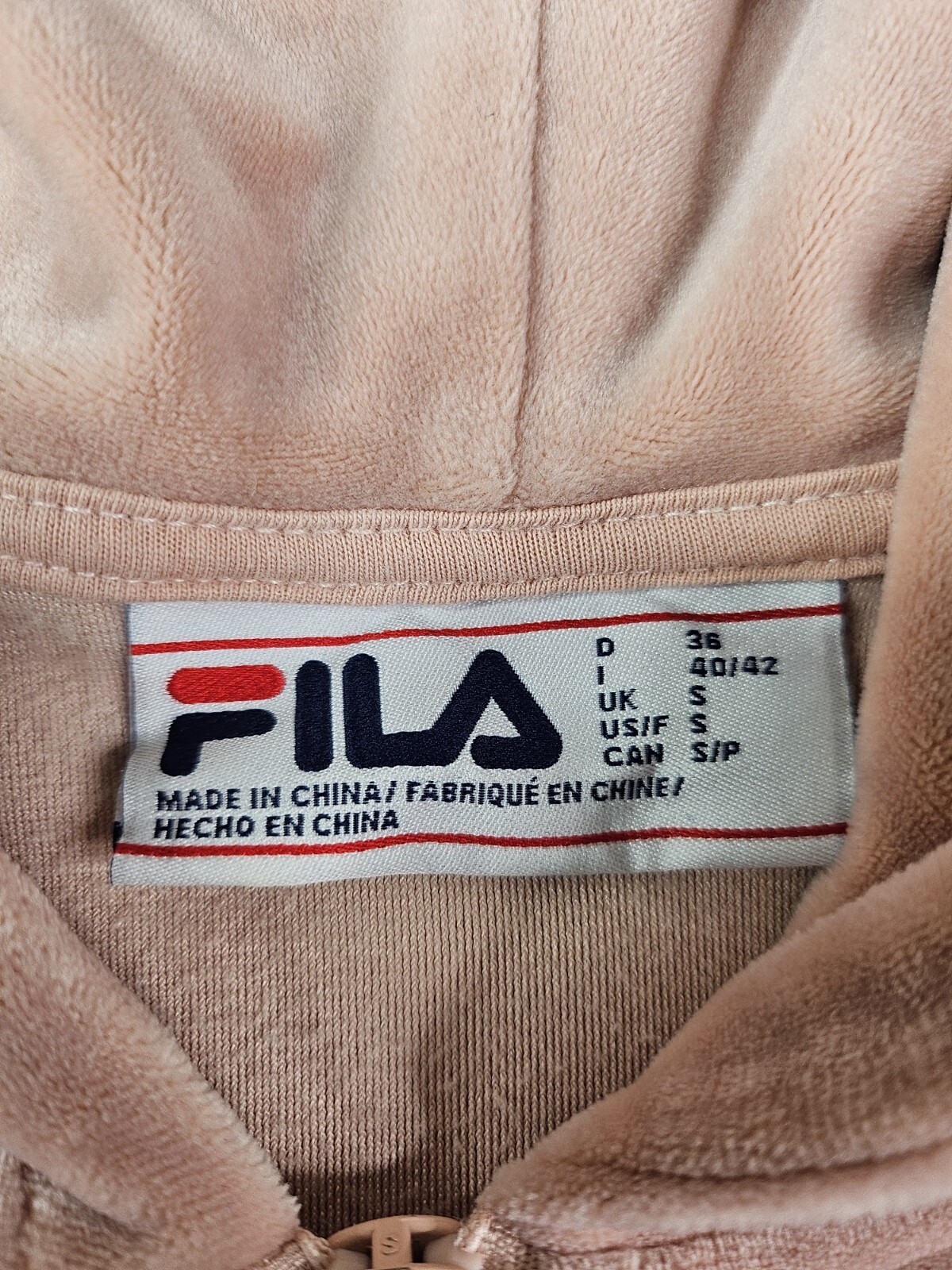 Felpa con cappuccio e zip morbida velluto donna Fila Sport vintage taglia S rosa