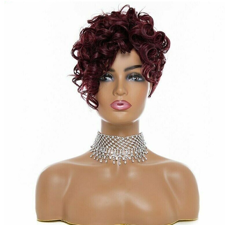 99J Red Short Pixie Cut Curly Wigs with Side Bangs Synthetic