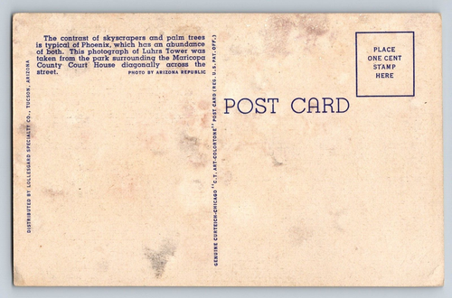 Postcard Luhrs Tower Building Phoenix Arizona Unposted Linen - Picture 2 of 2